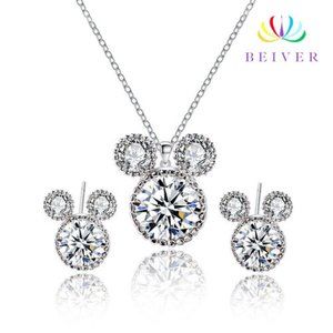 Mouse Jewelry Set 925 Sterling Silver Necklace Set Clear CZ Jewelry Set